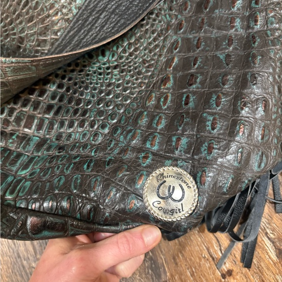 Fringed Black and Teal Croc-Embossed Women's Bag - Picture 5 of 10